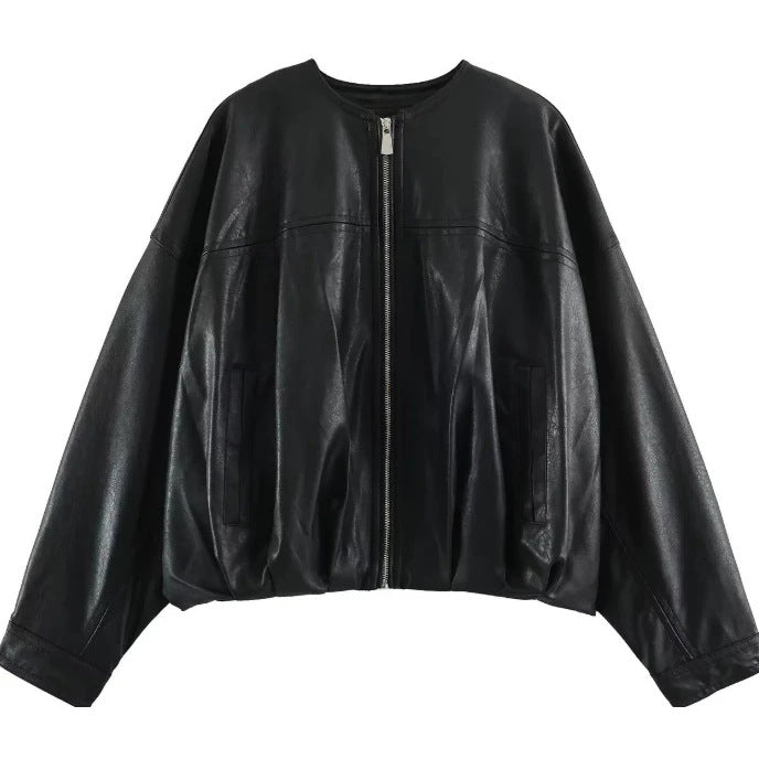 Ladies Wide Cut Cropped Bomber Jacket made of Faux Leather with Round Neckline Mune Fashion