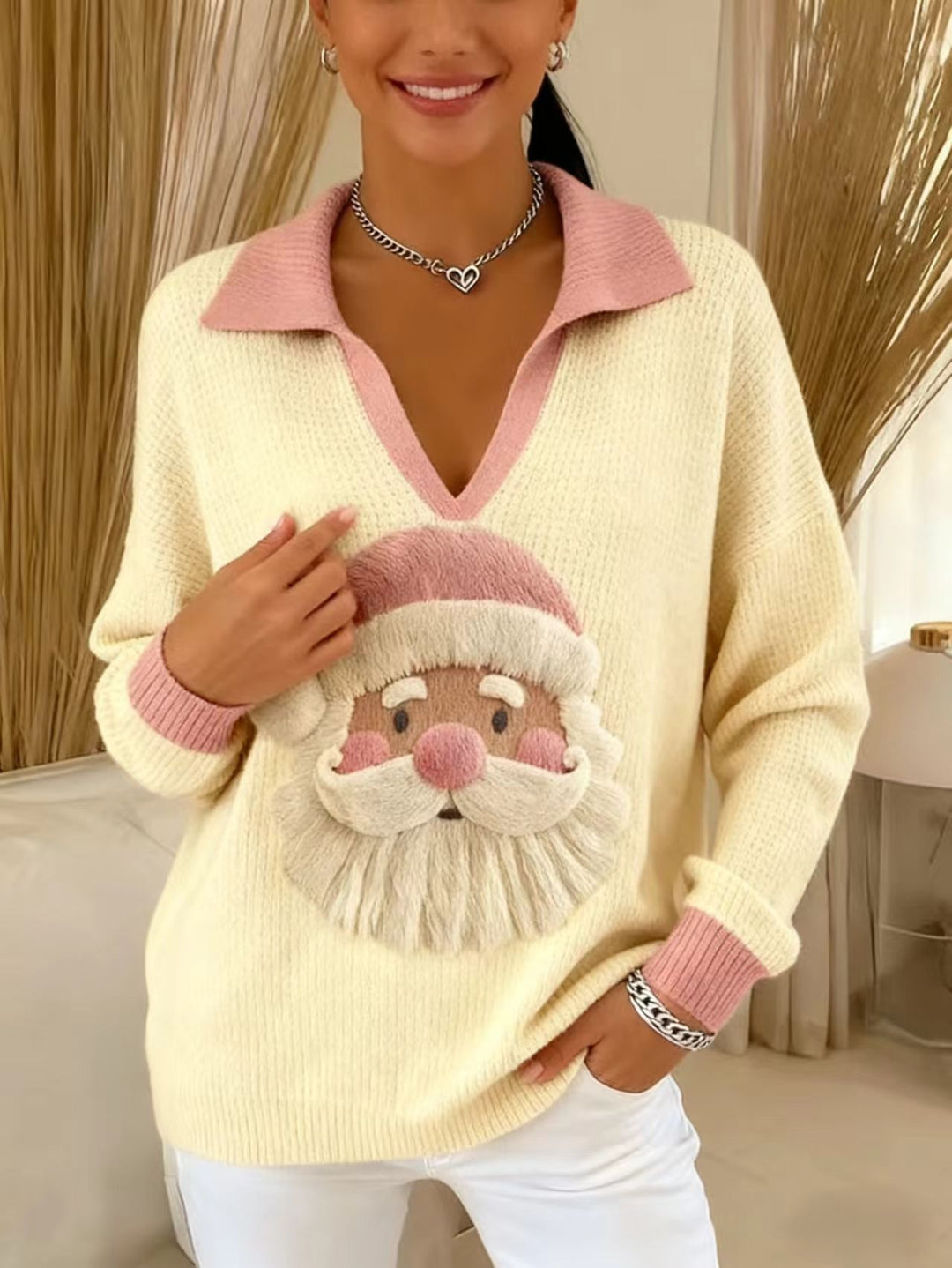 Ladies Soft Knit Sweater with V-Neck, Polo Collar and 3D Christmas Motif Drune