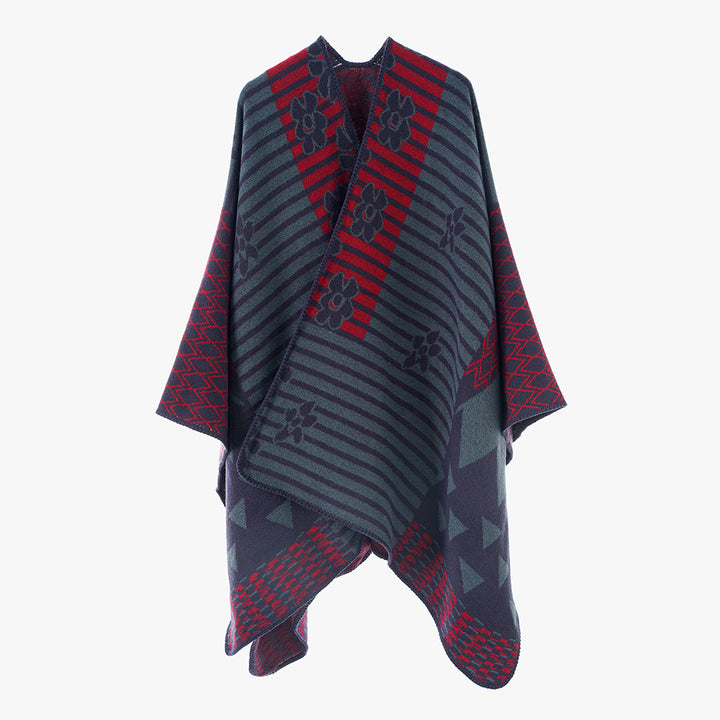 Women Versatile Knit Poncho in Patchwork Jacquard with V-Neck and Asymmetrical Points Hem Mune Fashion