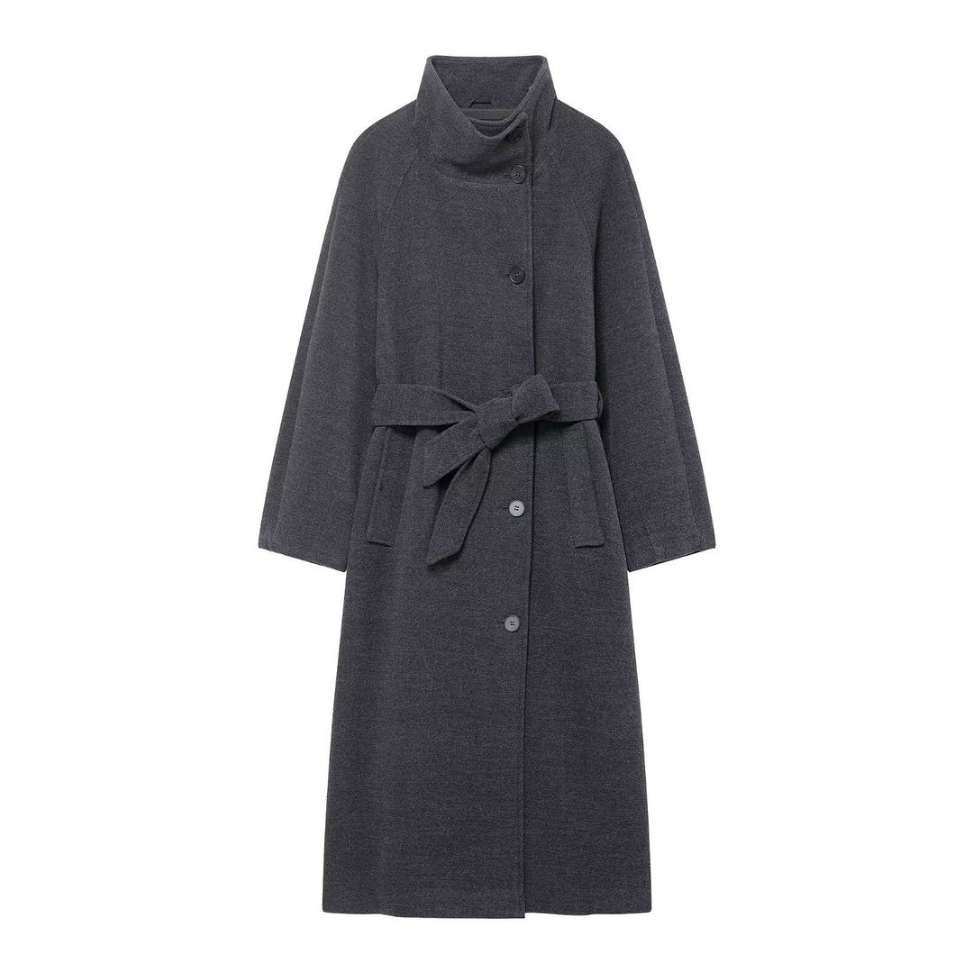 Ladies wool coat with waist belt, stand-up collar and raglan sleeves Mune Fashion