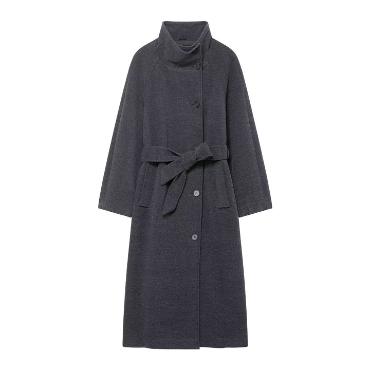 Ladies wool coat with waist belt, stand-up collar and raglan sleeves Mune Fashion
