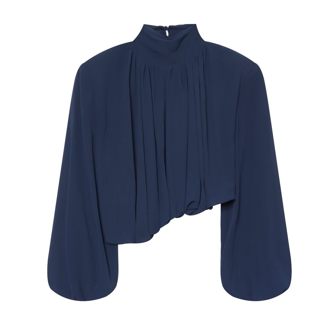 Ladies Pleated Blouse with Stand Collar and Balloon Sleeves Mune Fashion