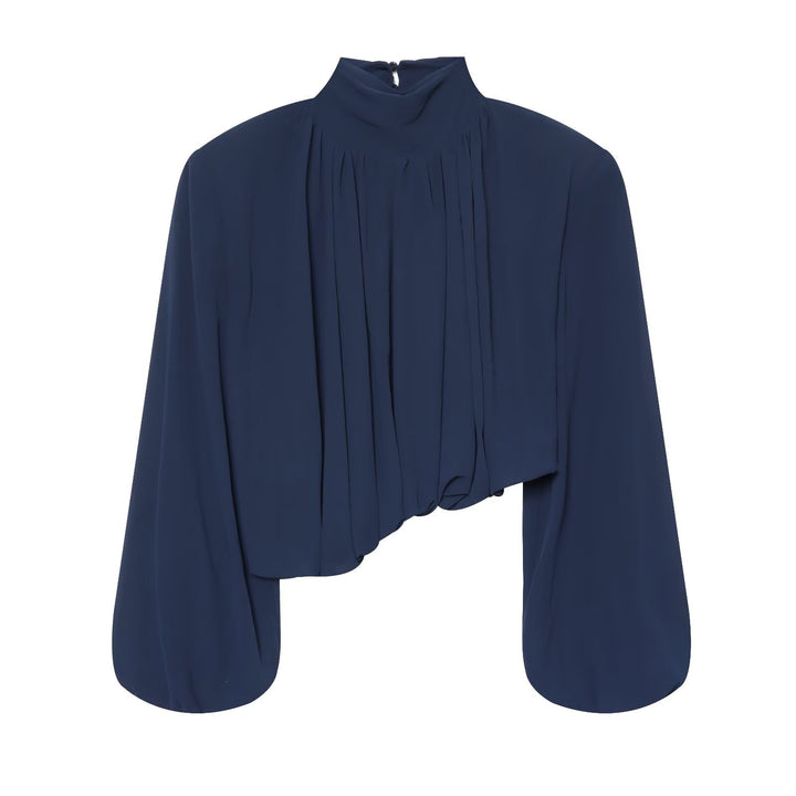 Ladies Pleated Blouse with Stand Collar and Balloon Sleeves Mune Fashion