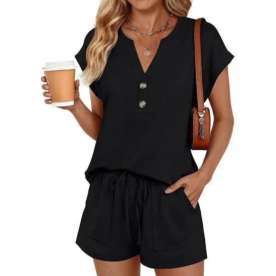 Women Casual Two-Piece Lounge Set with Button Placket, Drawstring Shorts and Pockets Mune Fashion