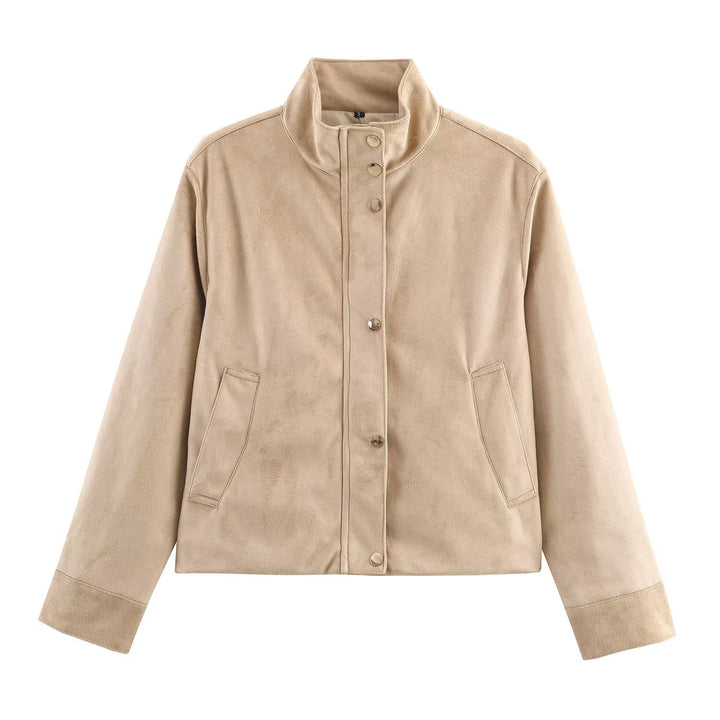 Women Short Suede Look Jacket with Stand Collar and Snap Button Placket Mune Fashion
