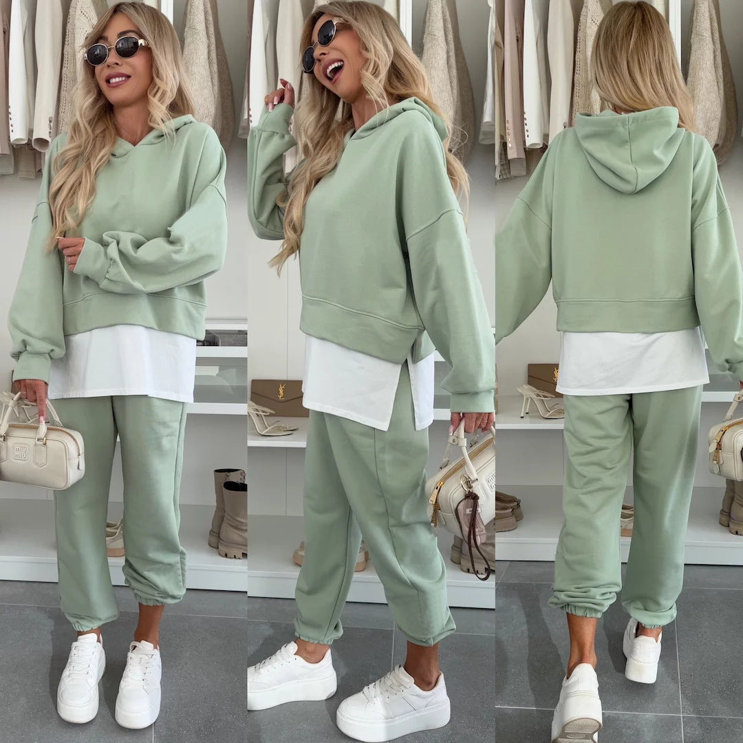 Women's Cropped Hoodie Lounge Set with asymmetrical hem, voluminous raglan sleeves and rolled joggers Mune Fashion