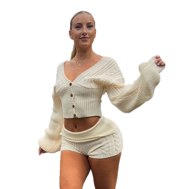 Ladies tailored knit cardigan with V-neck, cable pattern sleeves and decorative wooden buttons Mune Fashion