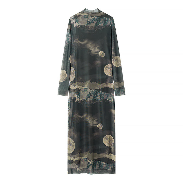 Women's long sleeve mesh maxi dress with high round neckline and mystical moon print Mune Fashion