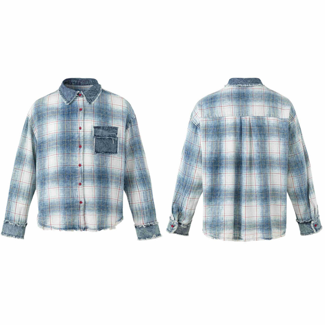 Women's Oversize Checked Shirt Jacket with Denim Applications and Frayed Edges Mune Fashion