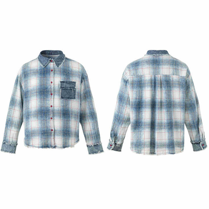 Women's Oversize Checked Shirt Jacket with Denim Applications and Frayed Edges Mune Fashion