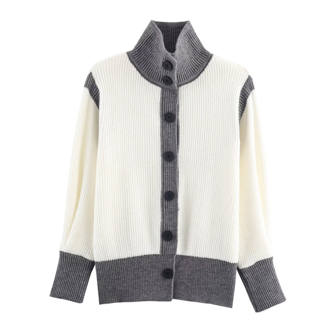 Women's Oversized Ribbed Cardigan with High Collar, Contrast Trim and Button Placket