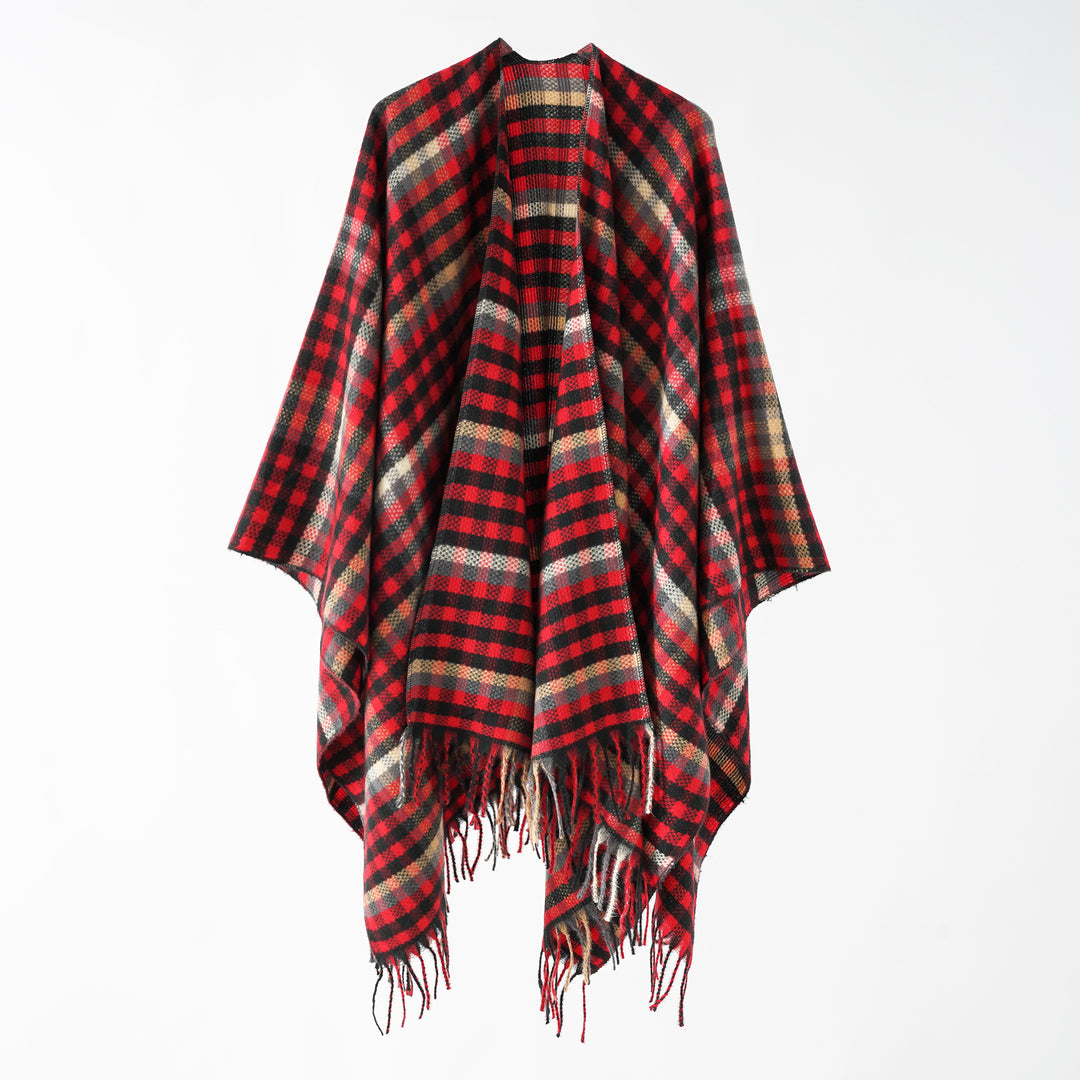 Women's Fringe Ruana made of wool blend with large checkered pattern and open fall Mune Fashion
