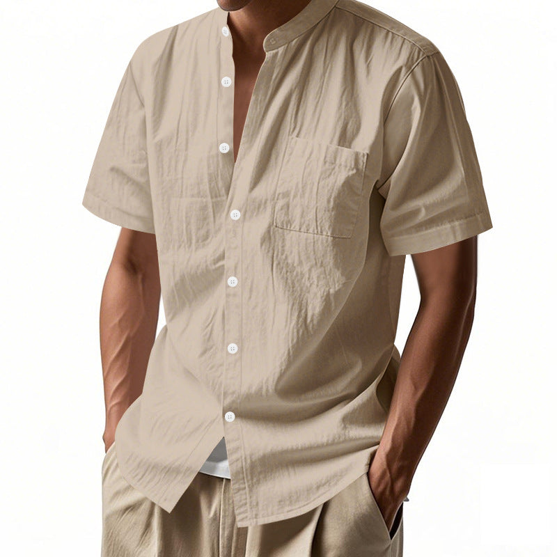 Men's nan legeres short-sleeve linen blend shirt with stand-up collar, chest pocket, and continuous button placket Mune Fashion