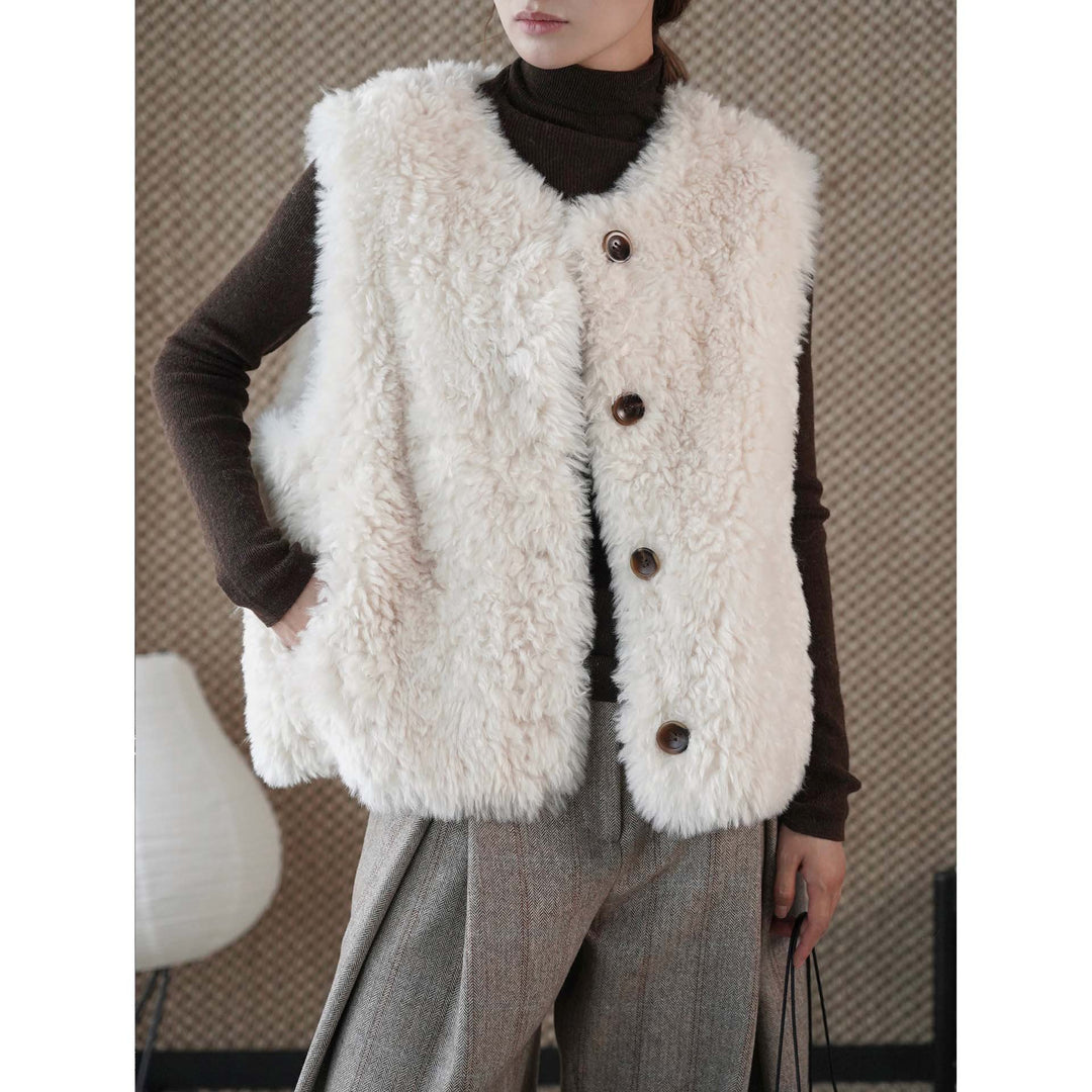 Women's Fluffy Teddy Vest with Button Closure and Round Neckline Mune Fashion