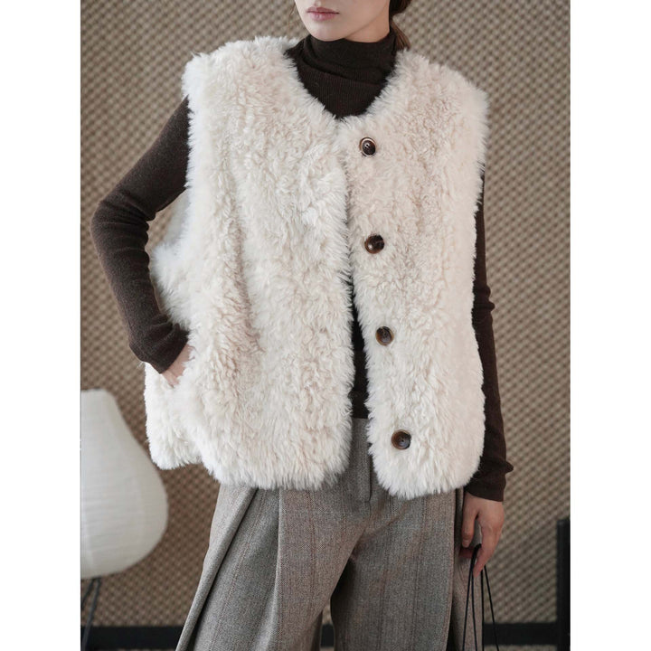 Women's Fluffy Teddy Vest with Button Closure and Round Neckline Mune Fashion