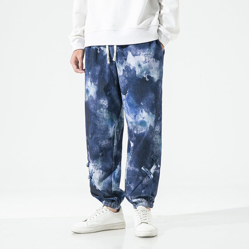 Men's Tie-Dye Baggy Jogging Pants with Drawstring, Elastic Cuffs and Decorative Straps Mune Fashion