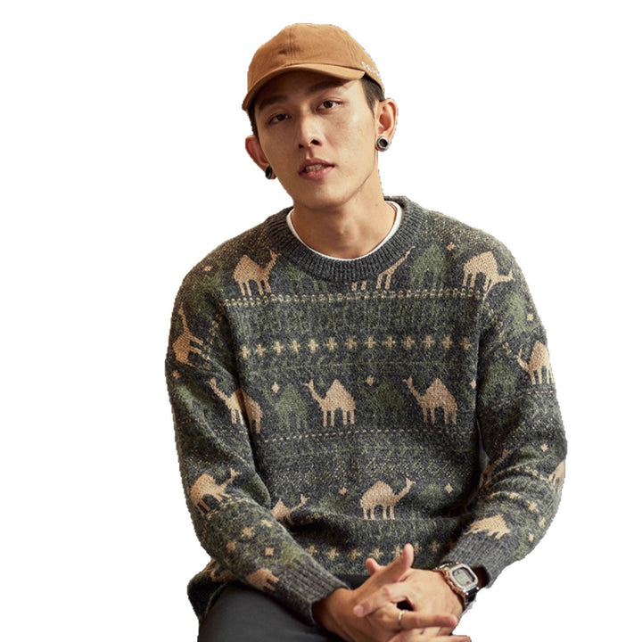 Men's knit pullover with camel jacquard pattern and ribbed hem Mune Fashion