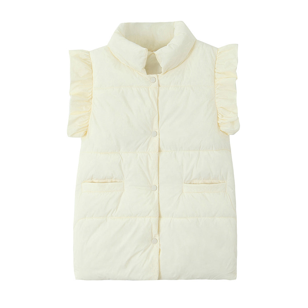 Women's sleeveless quilted vest with ruffled sleeves, stand-up collar, and concealed snap buttons Mune Fashion