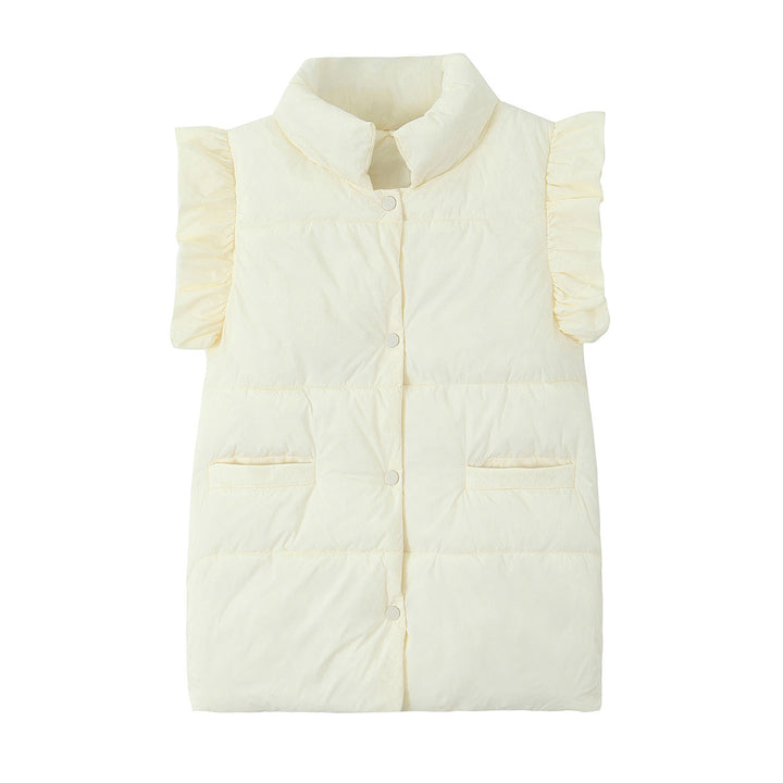 Women's sleeveless quilted vest with ruffled sleeves, stand-up collar, and concealed snap buttons Mune Fashion