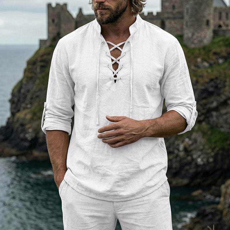 Men's Crinkle Linen Long Sleeve Shirt with Rollable Sleeves Mune Fashion