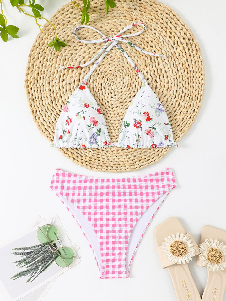 Women Triangle Bikini with Floral and Checkered Pattern Mune Fashion