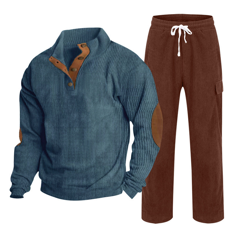 Men's Cozy Leisure Set made of Waffle Knit Henley with Elbow Patch and Relax Cargo Pants Mune Fashion