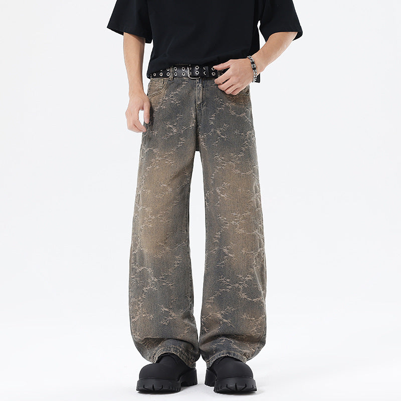 Men's Wide Cut Vintage Denim Pants in Baggy Look with Marble Wash and Low Crotch Mune Fashion