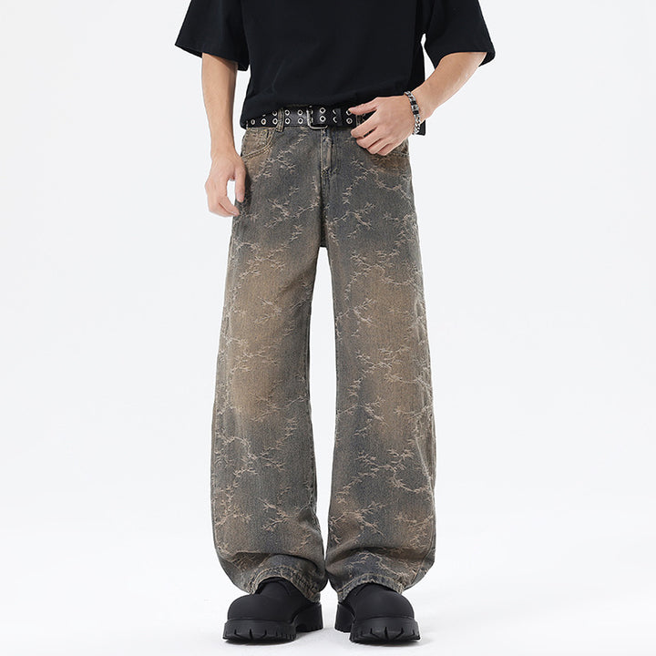 Men's Wide Cut Vintage Denim Pants in Baggy Look with Marble Wash and Low Crotch Mune Fashion