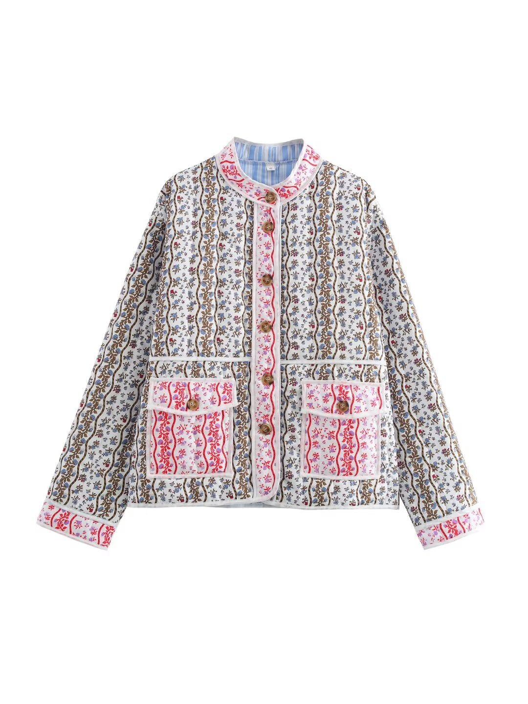 Ladies quilted short jacket with stand-up collar, patch pockets and fine ethnic print Mune Fashion