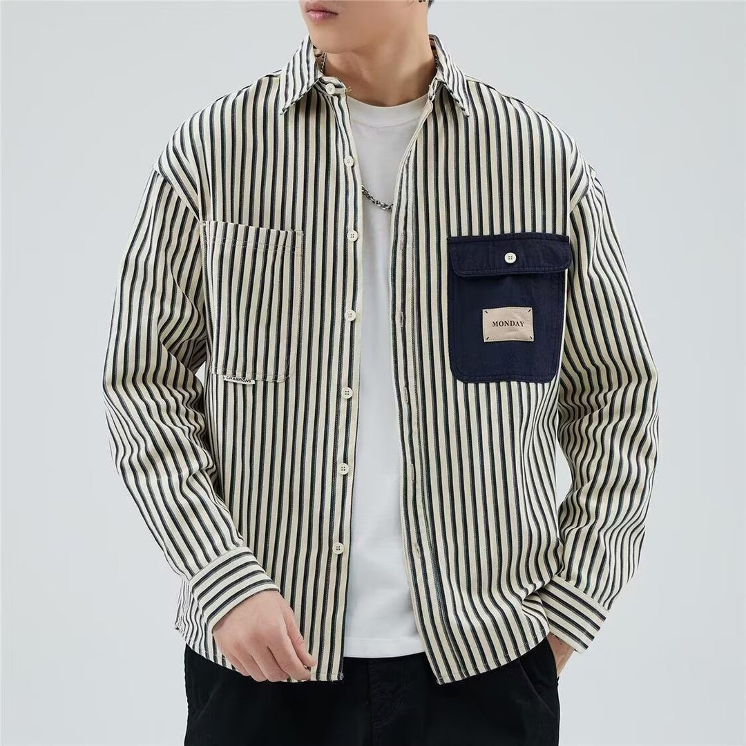 Men Striped Overshirt in Workwear Style with Contrasting Chest Pocket Mune Fashion