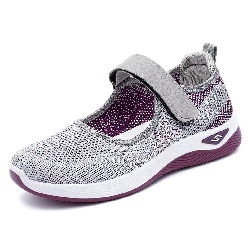 Ladies' breathable knitted Mary Jane with adjustable hook-and-loop strap, sock-like entry and cushioning EVA wave outsole Mune Fashion