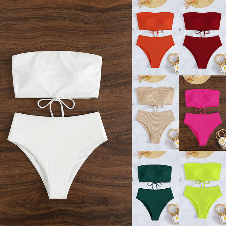 Ladies bandeau bikini set with high leg cut and tie details Mune Fashion