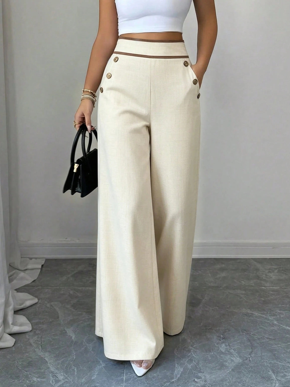Women's High-Waisted Palazzo Pants with Decorative Buttons and Wide Legs Mune Fashion
