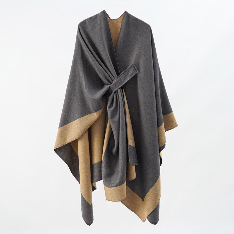 Women Soft Knit Poncho with Belt and Contrast Edge Mune Fashion