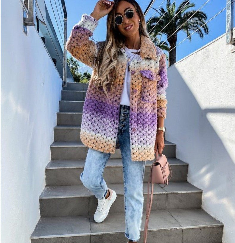 Women Crocheted Oversized Cardigan with Gradient, Button Placket and Patch Pockets Mune Fashion