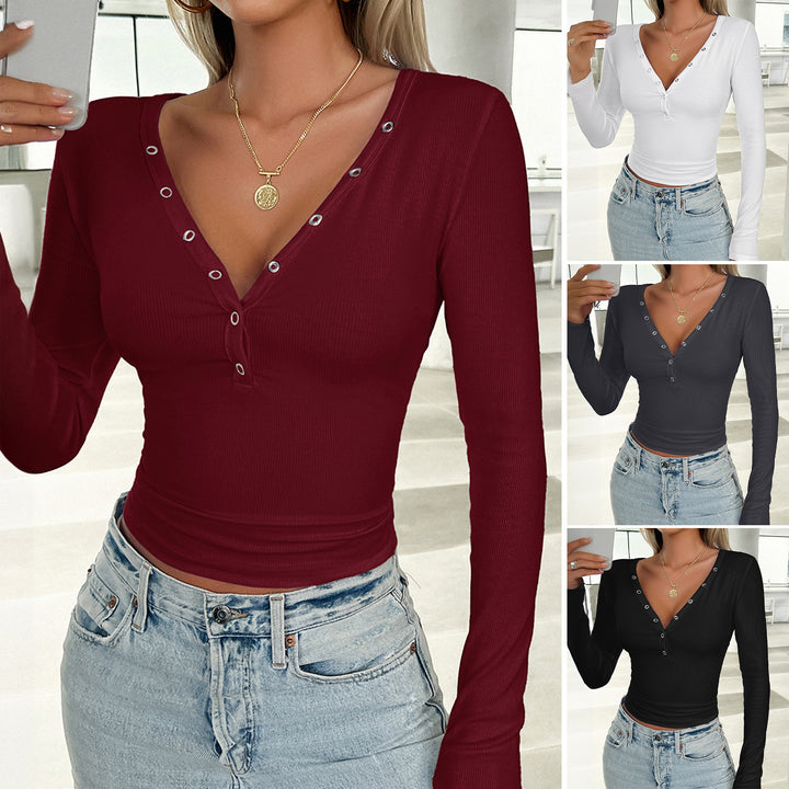 Women's fitted ribbed long sleeve shirt with decorative button placket and metal eyelets Mune Fashion