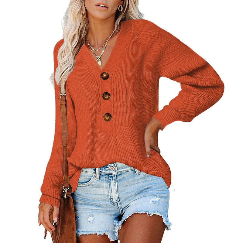 Women's Ribbed Knit Sweater with V-Neck, Decorative Button Placket and Balloon Sleeves Mune Fashion