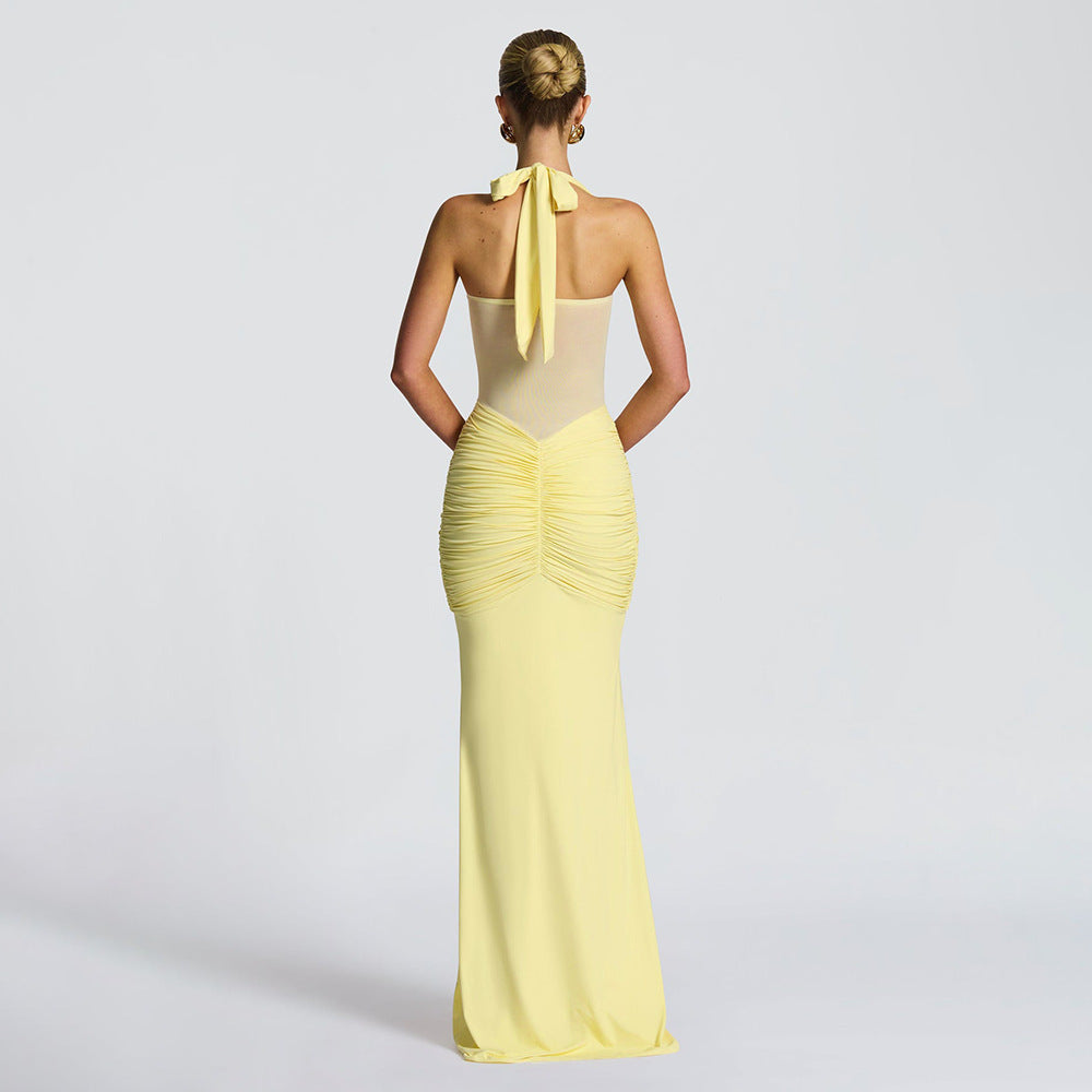 Women's figure-hugging halter evening dress with transparent mesh insert and gathered hip area Mune Fashion