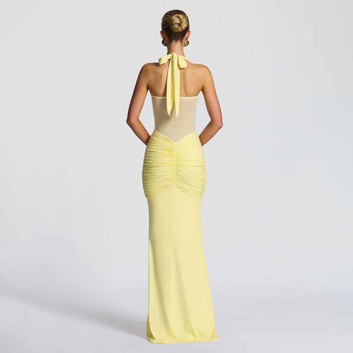 Women's figure-hugging halter evening dress with transparent mesh insert and gathered hip area Mune Fashion