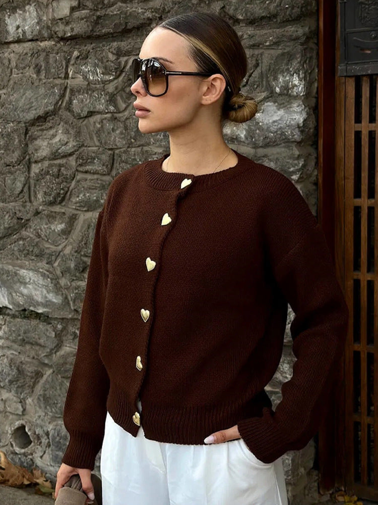 Women's Short Cardigan with Heart Buttons, Textured Fine Knit Look & Ribbed Hem Mune Fashion