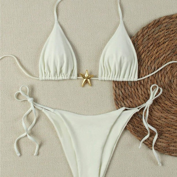 Women's Triangle Bikini Set with Adjustable Straps and Decorative Jewelry Element Mune Fashion