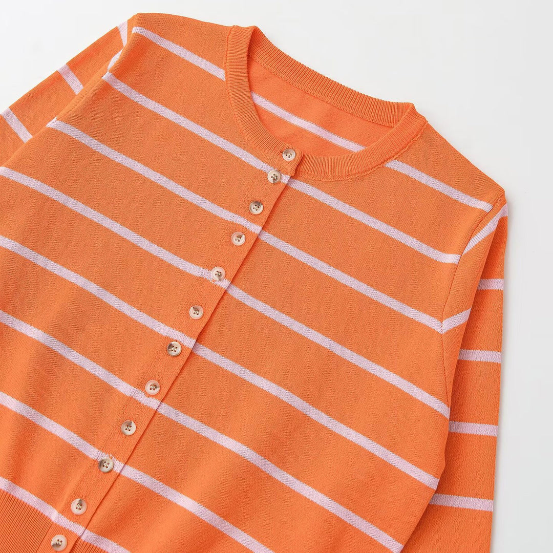 Women's Short-Cut Fine Knit Cardigan with Horizontal Stripes and Mother-of-Pearl Buttons Mune Fashion