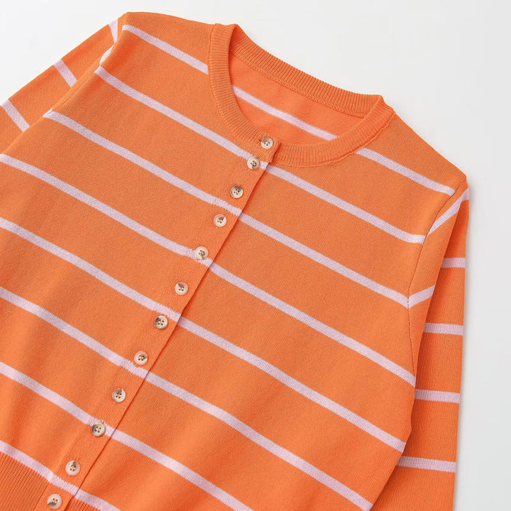 Women's Short-Cut Fine Knit Cardigan with Horizontal Stripes and Mother-of-Pearl Buttons Mune Fashion