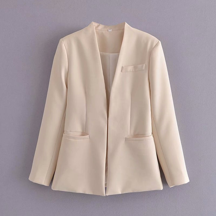 Women Tailored Blazer without Lapels with Open Front and Welt Pockets Mune Fashion