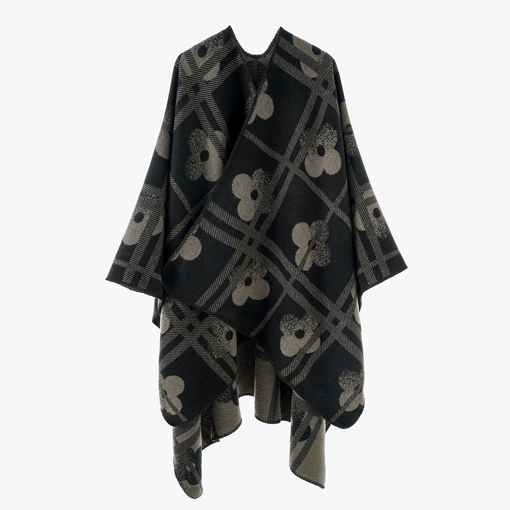 Women's Reversible Jacquard Poncho made of wool blend with floral check pattern and decorative piping seam Mune Fashion
