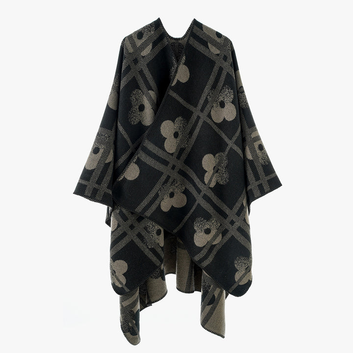 Women's Reversible Jacquard Poncho made of wool blend with floral check pattern and decorative piping seam Mune Fashion