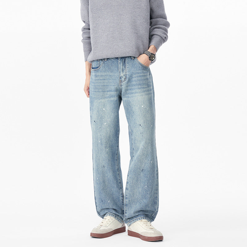 Men's Relaxed-Fit Denim Pants with Paint-Splatter and Straight Leg Mune Fashion