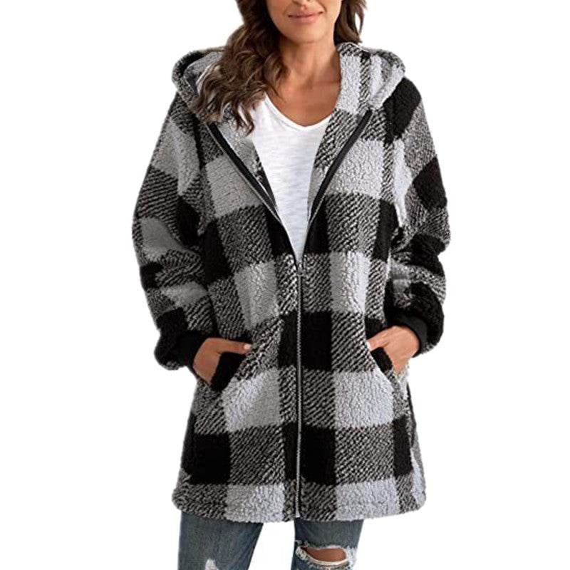 Women's Checked Teddy Fleece Coat with Hood and Zipper Mune Fashion
