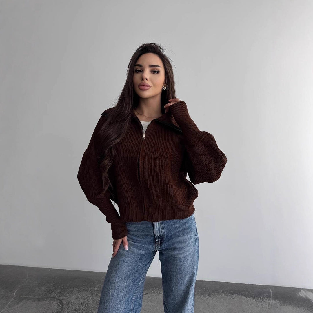 Women Chunky Knit Zipper Cardigan with Balloon Sleeves and Stand-up Collar Mune Fashion
