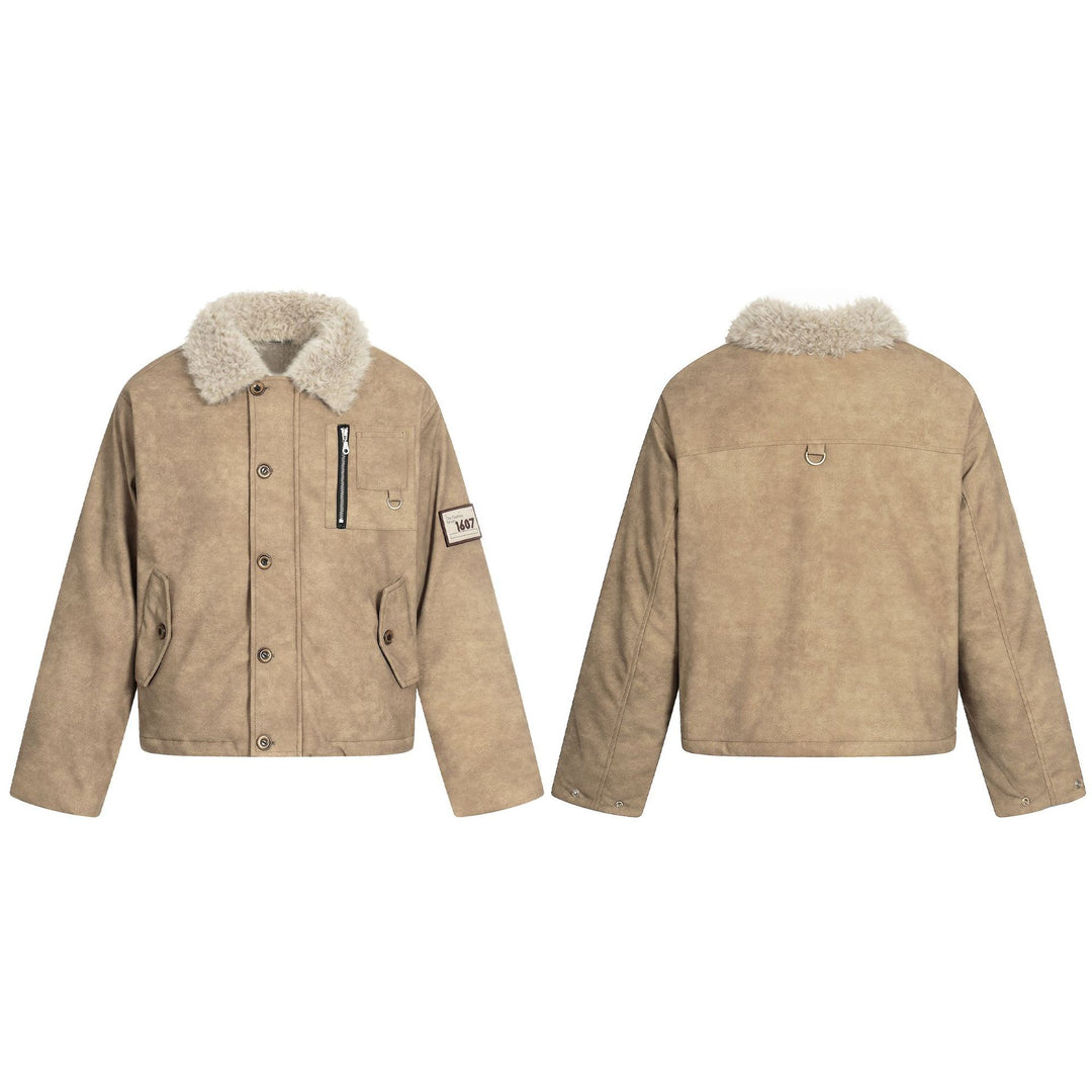Men's short jacket in retro-military look with teddy fur collar and functional breast pockets Mune Fashion